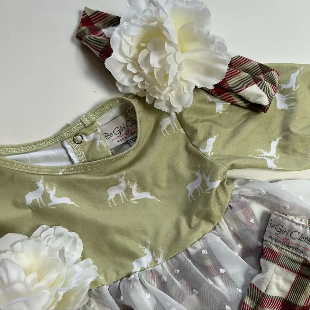 Be Girl Clothing 3 Piece Winter Plaid Bucks Twirl Dress Pants Headband Set